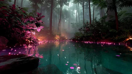 Mystical bioluminescent jungle with glowing orbs floating above a still reflective pool surreal flora in deep purples and teals evoking magic hidden realms and the mystery of untouched nature  