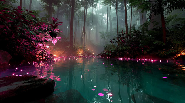 Mystical bioluminescent jungle with glowing orbs floating above a still reflective pool surreal flora in deep purples and teals evoking magic hidden realms and the mystery of untouched nature