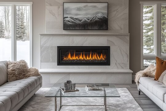  Elegant gas fireplace with an open flame, surrounded by light grey marble and white tile, complemented by a black steel door frame in a modern living room with natural stone wall and glass coffee tab