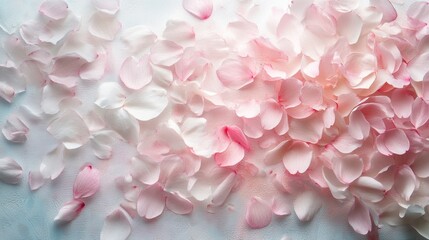 Soft pink and white flower petals scattered on a light blue background.
