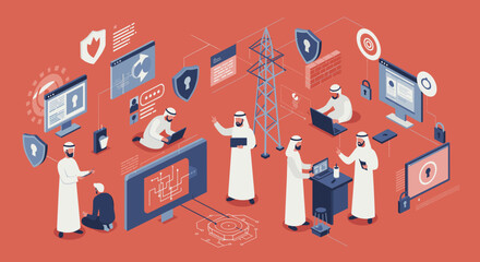 Isometric Illustration Of Business Professionals Working On Digital Technology and Cybersecurity in a Red Colored Environment