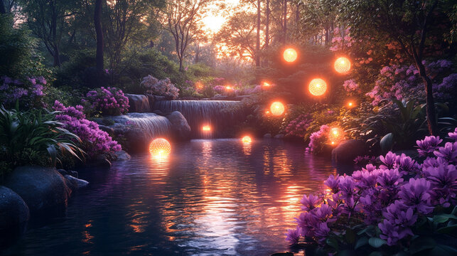 Mystical bioluminescent jungle with glowing orbs floating above a still reflective pool surreal flora in deep purples and teals evoking magic hidden realms and the mystery of untouched nature