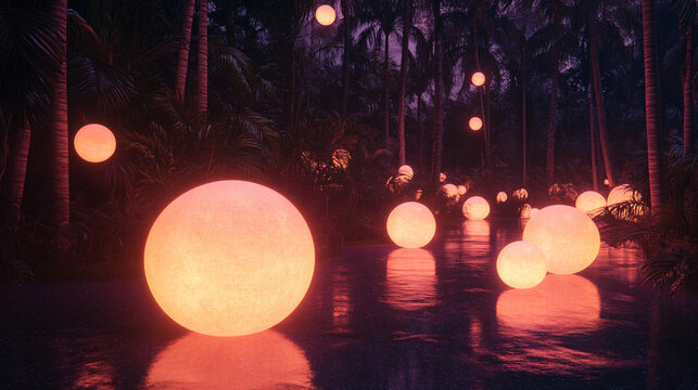 Mystical bioluminescent jungle with glowing orbs floating above a still reflective pool surreal flora in deep purples and teals evoking magic hidden realms and the mystery of untouched nature