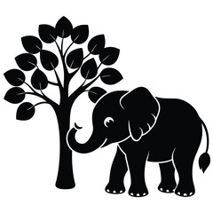 A big gray elephant, a wild mammal with a trunk, walks by a tree in the grassy wildlife