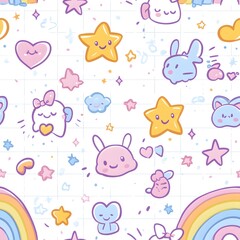 Pastel-colored, cute cartoon characters and shapes pattern.