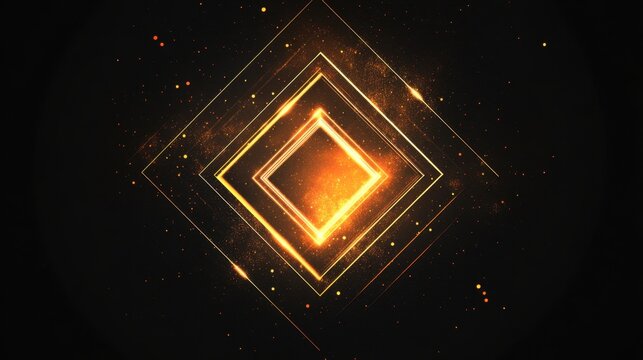 Sparkling golden geometric shapes in dark space with glowing particles for abstract background design