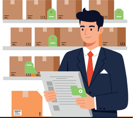Businessman in suit checking inventory papers with cardboard boxes in flat style vector illustration