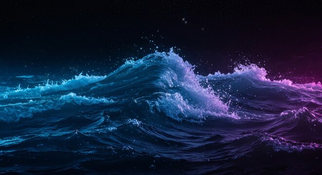 Ocean Wave Crashing at Night with Dark Starry Sky Background - Powered by Adobe