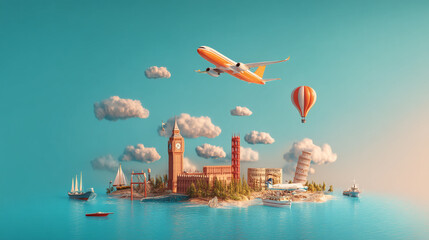 Aerial View of Futuristic Island City with Airplane and Cruise Ship in a Serene Ocean Landscape, city global earth illustration map europa globe