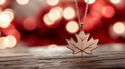 A delicate rose gold maple leaf pendant rests on rustic wood, bathed in warm, romantic red bokeh lights, a symbol of autumn charm and Canadian pride.