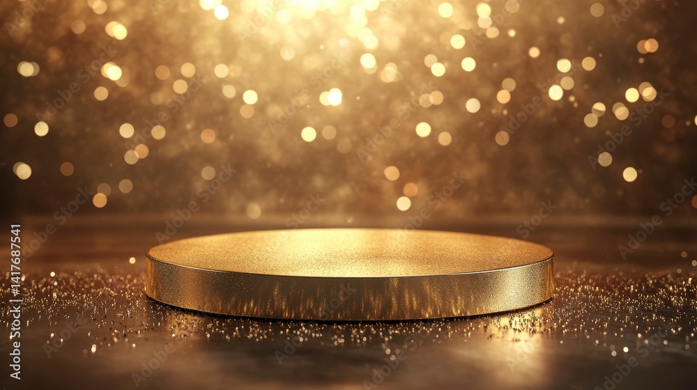 Canvas Prints golden round podium on glittery surface with bokeh lights.