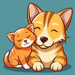 A sleepy orange tabby kitten snuggles against the head of a golden retriever puppy, both with their eyes closed.