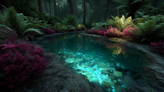 Mystical bioluminescent jungle with glowing orbs floating above a still reflective pool surreal flora in deep purples and teals evoking magic hidden realms and the mystery of untouched nature