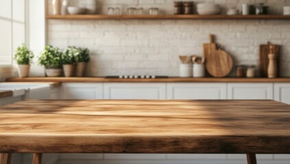 Empty wooden table in a bright kitchen, blurred background, product display