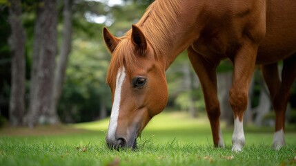 Obraz premium Horse grazes in a grass field by trees. Animal themes and agriculture concepts