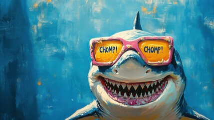 Cartoon Shark with Sunglasses and Humorous Expression, Colorful Background, Fun and Playful Vibe for Art or Design