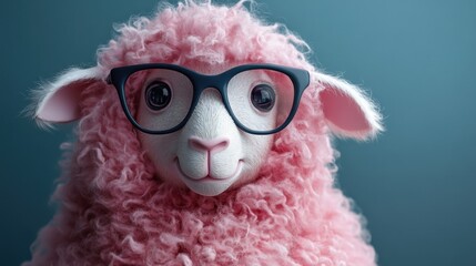 Cute fluffy pink sheep with oversized glasses, showcasing a whimsical and playful character against a blue backdrop