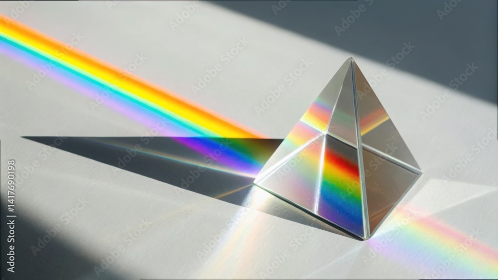 Poster prism refracting light into a spectrum of visible colors