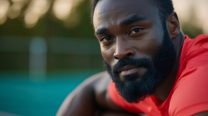 Close-up portrait of a focused male athlete.