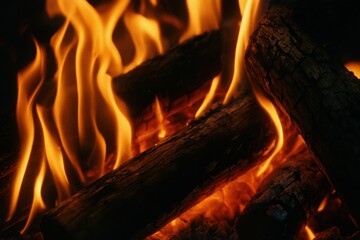 Close-up of gently crackling flames on burning logs, creating a cozy and warm atmosphere
