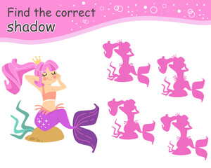 Find correct shadow cute mermaid character. Educational matching game for children. Find correct silhouette. Activity, logic game, printable worksheet with task for kids, vector isolated illustration