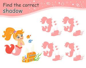 Find correct shadow cute mermaid character. Educational matching game for children. Find correct silhouette. Activity, logic game, printable worksheet with task for kids, vector isolated illustration