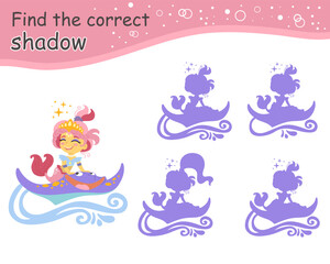 Find correct shadow cute mermaid character. Educational matching game for children. Find correct silhouette. Activity, logic game, printable worksheet with task for kids, vector isolated illustration