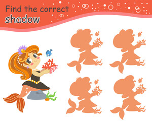 Find correct shadow cute mermaid character. Educational matching game for children. Find correct silhouette. Activity, logic game, printable worksheet with task for kids, vector isolated illustration
