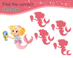 Find correct shadow cute mermaid character. Educational matching game for children. Find correct silhouette. Activity, logic game, printable worksheet with task for kids, vector isolated illustration