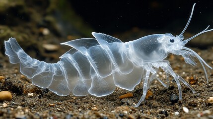 Transparent Amphipod Crawling on Ocean Floor