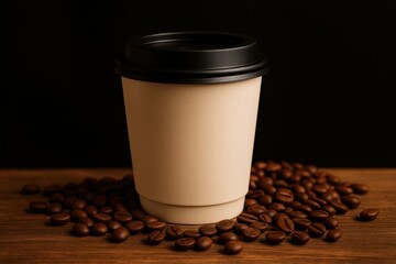 Blank paper coffee cup with lid surrounded by roasted beans on wooden surface
