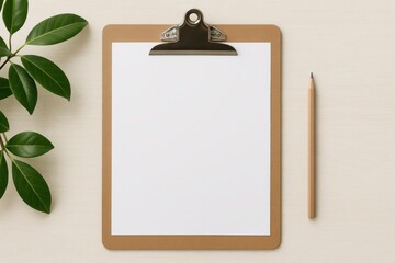 A4 sheet on clipboard with pencil and plant on a light desk
