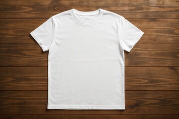 Clean white t-shirt laid flat on a wooden surface, ready for logo or design printing