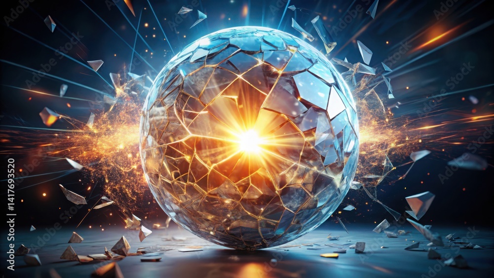Poster shattered sphere emitting light with shards and explosive energy