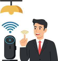 Businessman using voice control for smart home device with modern flat design vector illustration