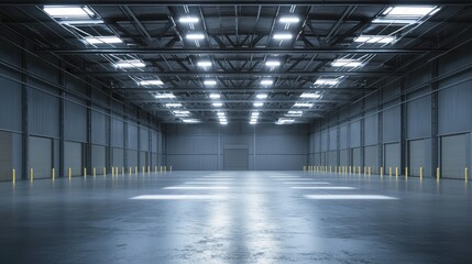A clean and orderly warehouse aisle with overhead lights illuminating the space.