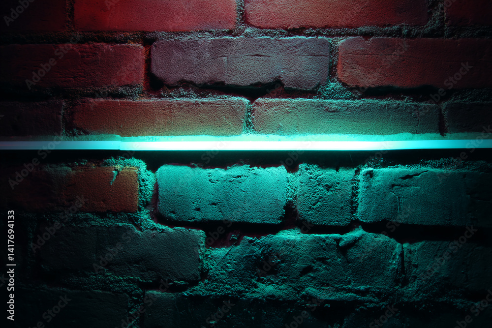 Poster brick wall texture illuminated by a teal neon light, creating a dark, moody atmosphere suitable for 