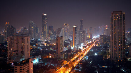 Obraz premium Dubai skyline at night, urban skyscrapers and car traffic background.