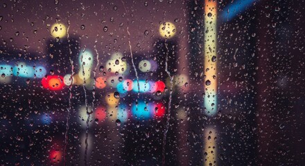 Rain Drops on Glass with City Lights in the Background at Night
