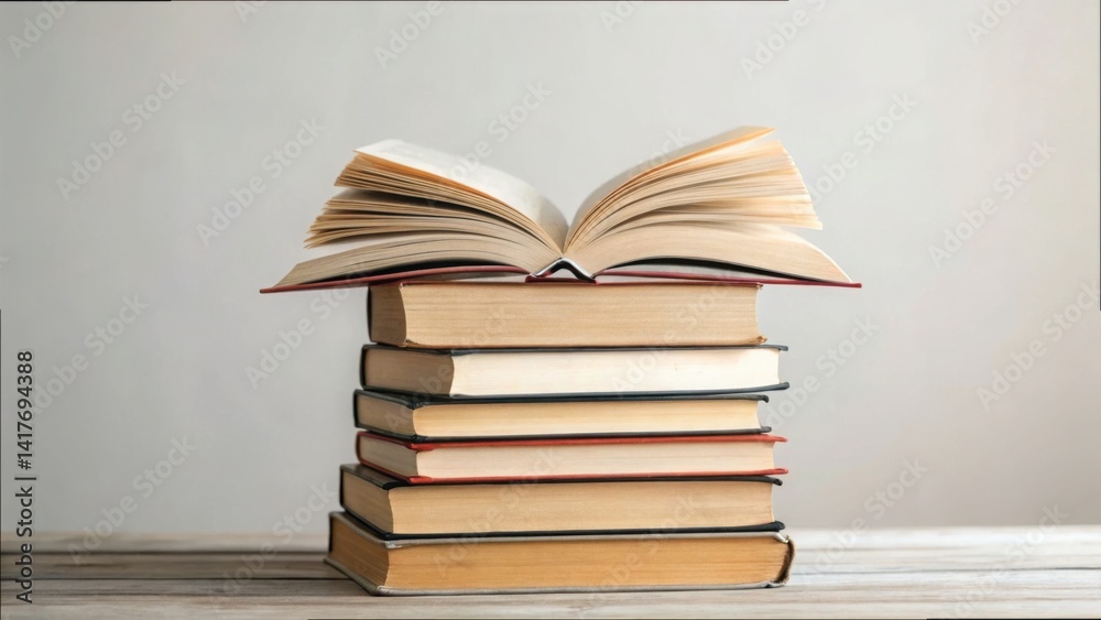 Poster Open Book on Stack of Books Representing Knowledge and Ideas