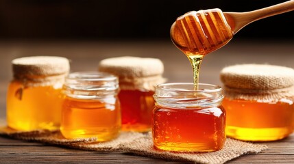 A collection of honey jars with a wooden honey dipper, glistening and dripping honey, set on a rustic wooden surface.