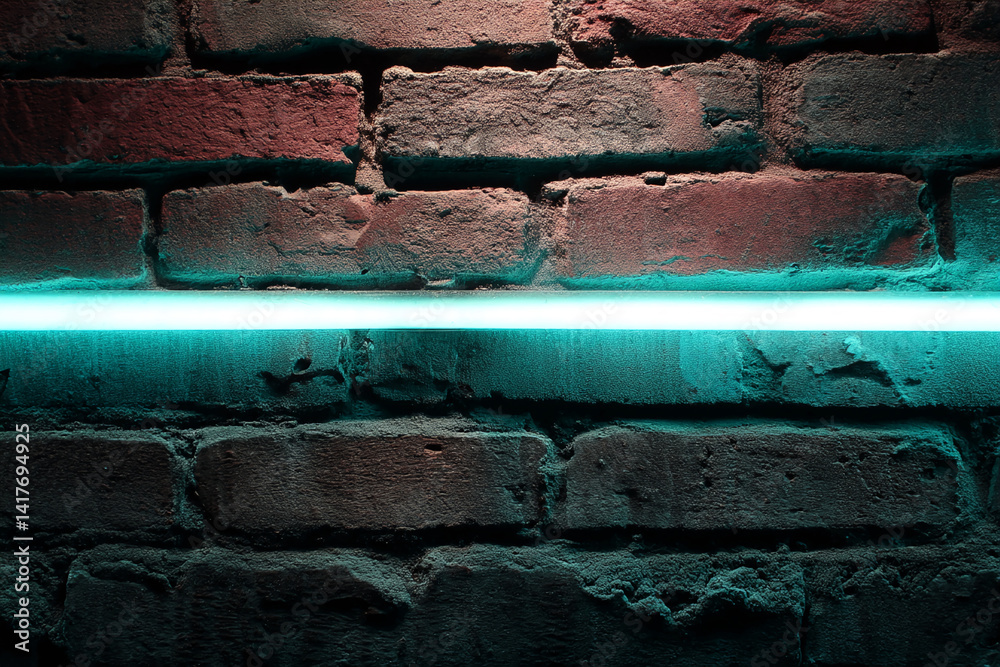 Poster brick wall texture with a teal neon light, creating a modern and industrial background suitable for 