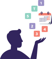 Silhouette of man holding colorful floating calendar dates minimal flat design vector illustration