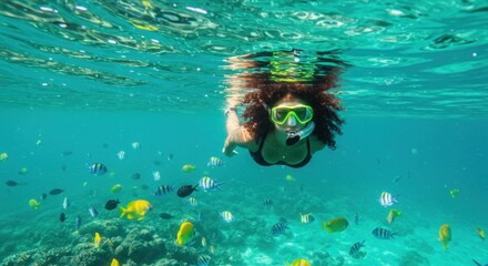 Woman snorkeling with fish, underwater photo