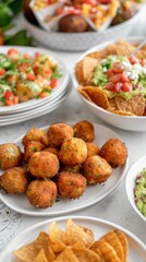 Delicious spread of mini croquettes, cheese balls, veggie canapés, sweet potato chips, and guacamole dip at a festive gathering