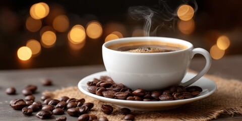 Obraz premium Steaming black coffee on a table with coffee beans, bokeh lights background