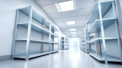 Obraz premium A bright, modern hallway with metal shelving units lined on both sides, creating an organized and spacious environment.