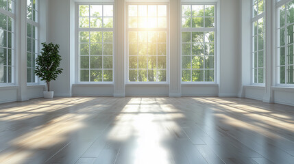 Fototapeta premium Bright sunlit room with large windows and a plant in a serene setting , sunlight, windows, room, plant, interior, natural, light, shadows, wooden, 