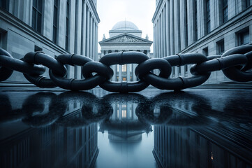 The government building is chained with debt accounts - a vivid image of public debt and financial pressure.
