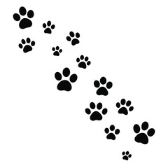 A winding trail of black paw prints marches diagonally across a clean white surface.